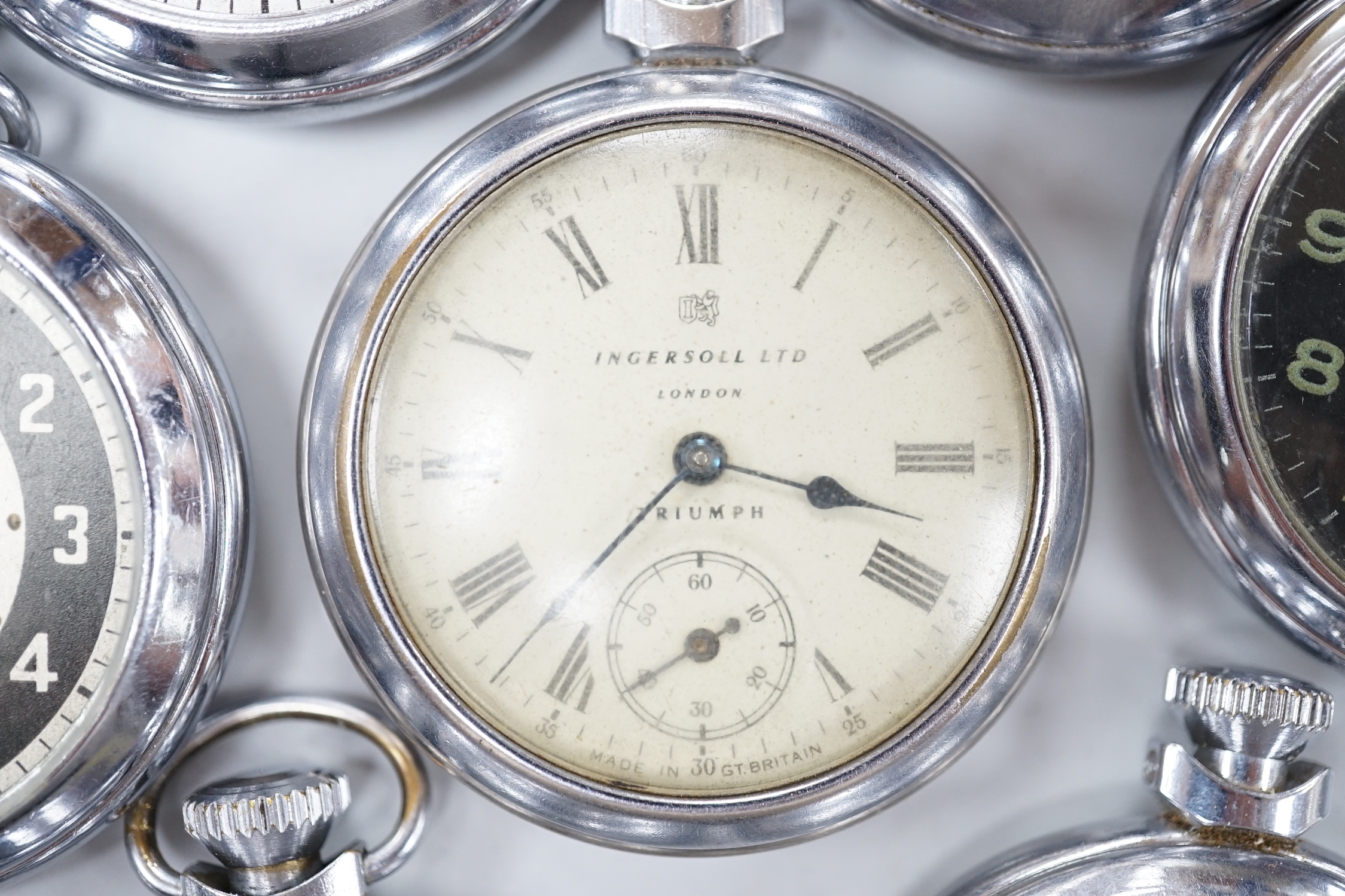 Ten assorted base metal pocket watches including Ingersoll, Services Excel and Smiths.